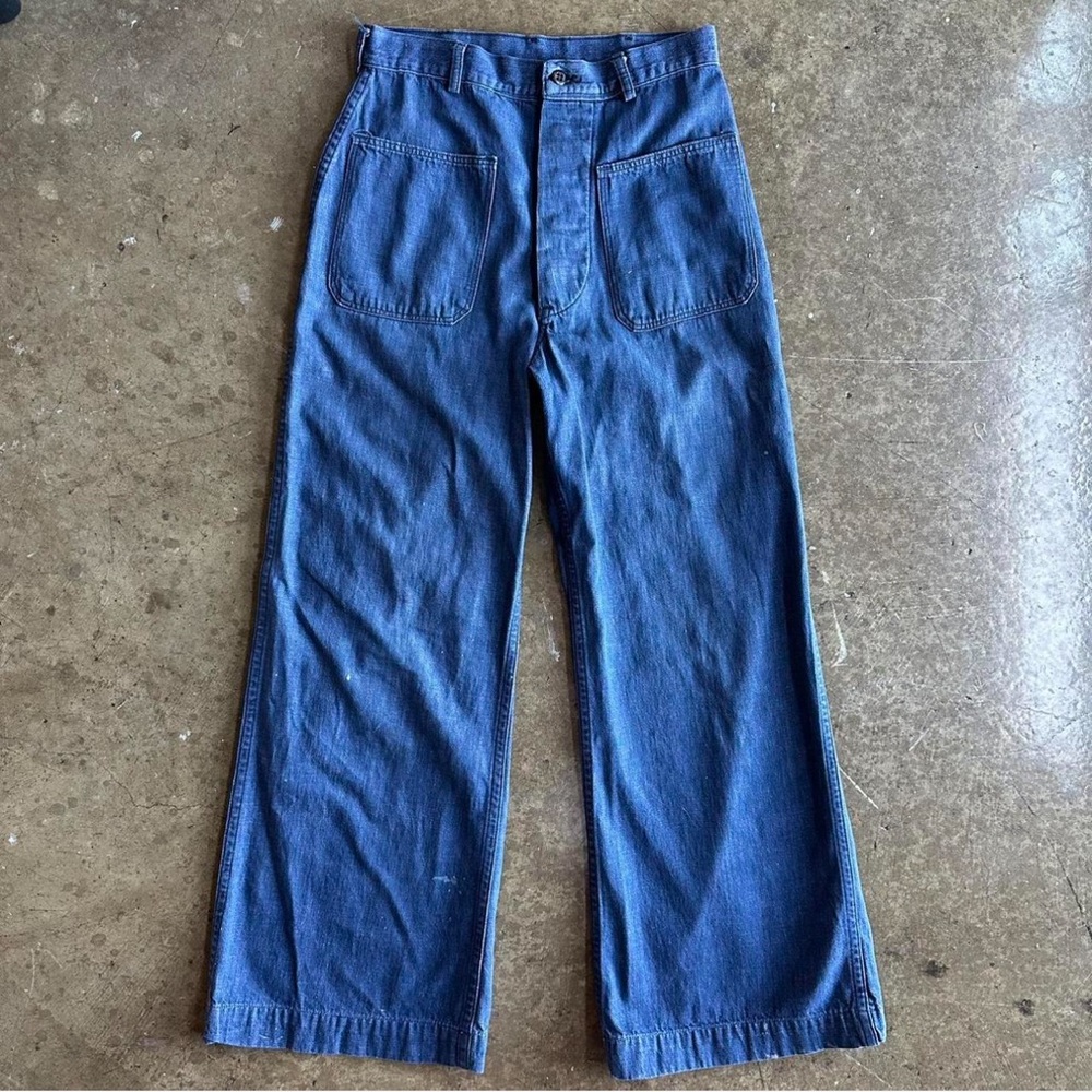 Vtg 50s US NAVY 27x27 Seafarer Bell Bottom Button Fly Wide Leg Flare Denim Pants